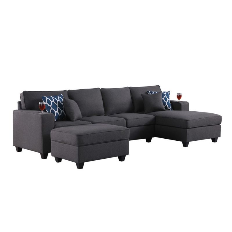 Lilola Home - Cooper Dark Gray Linen 5Pc Sectional Sofa Chaise with Ottoman and Cupholder - 89132-6B