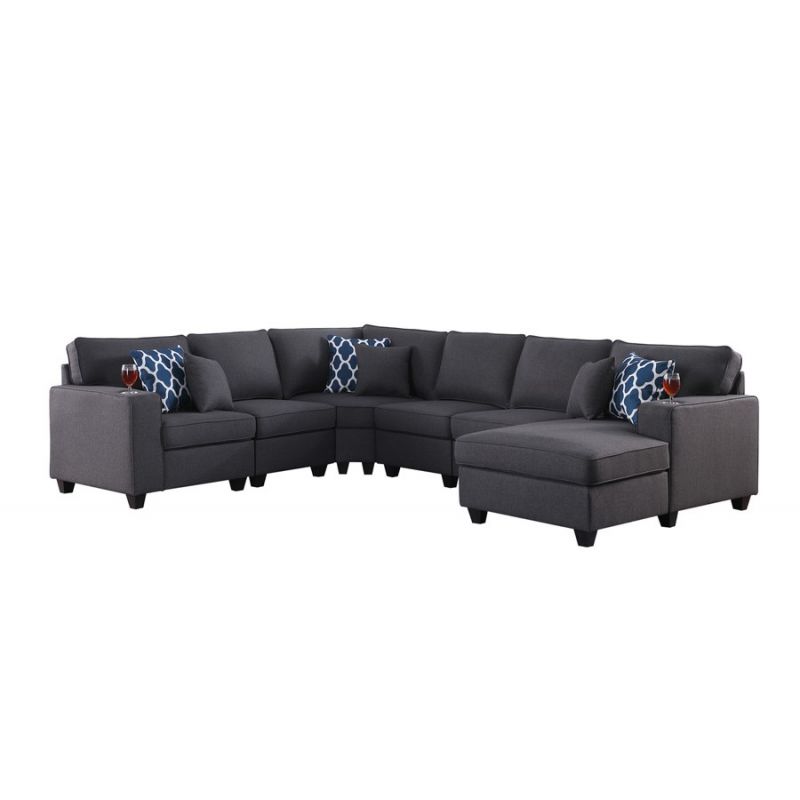 Lilola Home - Cooper Dark Gray Linen 6Pc Modular Sectional Sofa Chaise with Cupholder - 89132-3