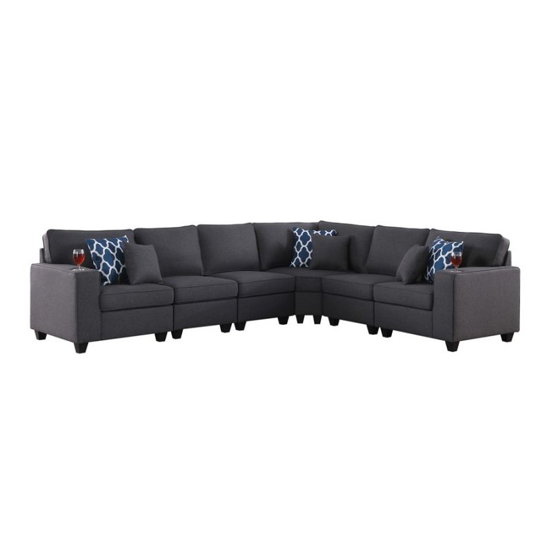 Lilola Home - Cooper Dark Gray Linen 6Pc Reversible L-Shape Sectional Sofa with Cupholder - 89132-4B
