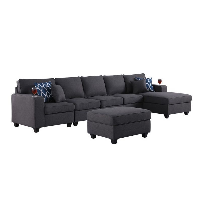 Lilola Home - Cooper Dark Gray Linen 6Pc Sectional Sofa Chaise with Ottoman and Cupholder - 89132-7A