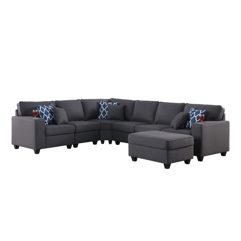 Lilola Home - Cooper Dark Gray Linen 7Pc Reversible L-Shape Sectional Sofa with Ottoman and Cupholder - 89132-2B