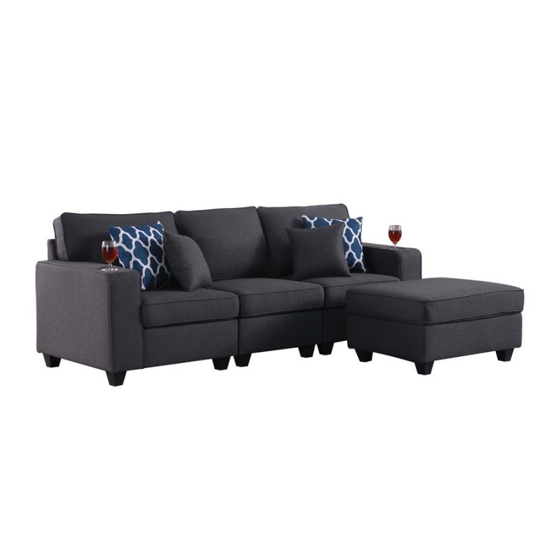 Lilola Home - Cooper Dark Gray Linen Sofa with Ottoman and Cupholder - 89132-14B