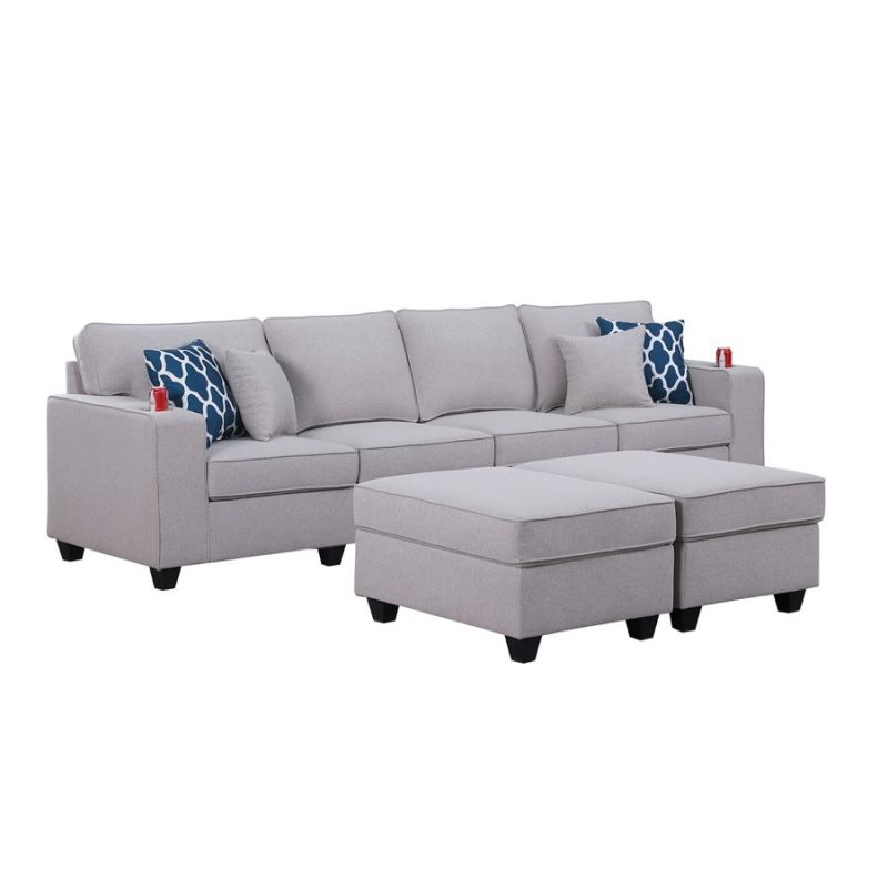 Lilola Home - Cooper Light Gray Linen 4-Seater Sofa with 2 Ottomans and Cupholder - 89131-17A