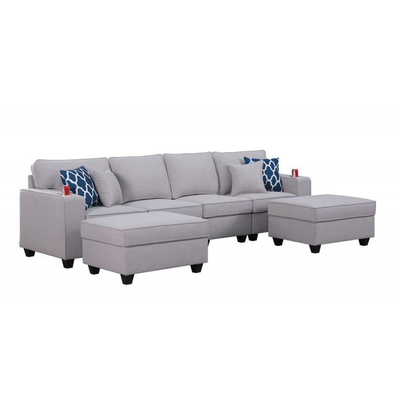 Lilola Home - Cooper Light Gray Linen 4-Seater Sofa with 2 Ottomans and Cupholder - 89131-17B
