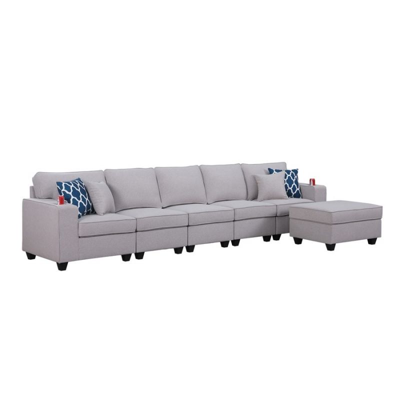 Lilola Home - Cooper Light Gray Linen 5-Seater Sofa with Ottoman and Cupholder - 89131-19B