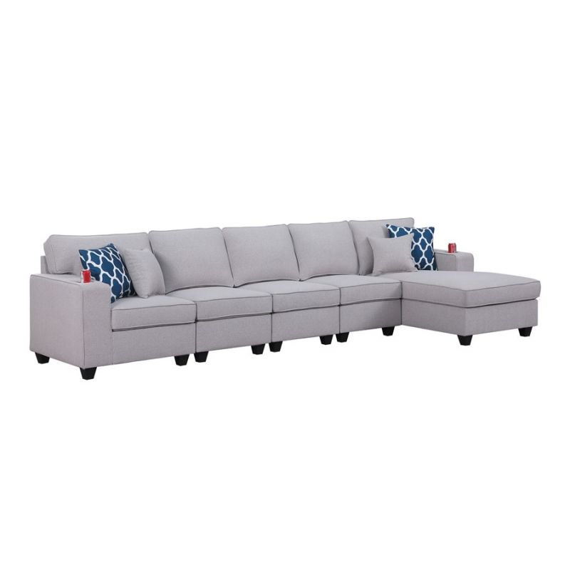 Lilola Home - Cooper Light Gray Linen 5Pc Sectional Sofa Chaise with Cupholder - 89131-9