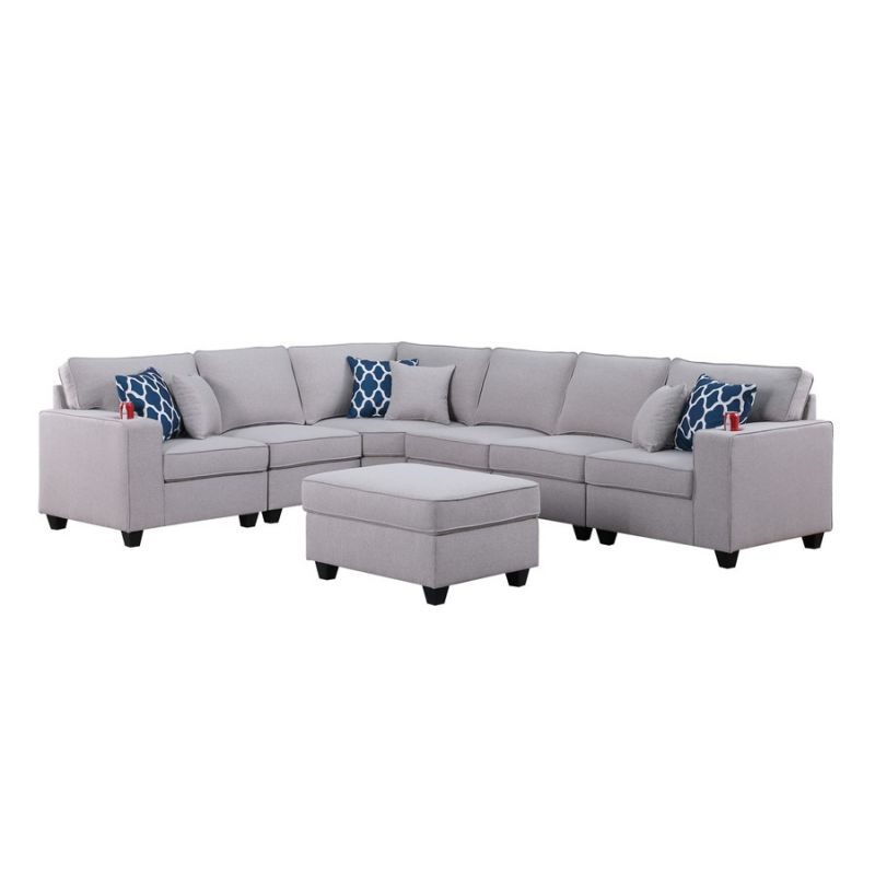 Lilola Home - Cooper Light Gray Linen 7Pc Reversible L-Shape Sectional Sofa with Ottoman and Cupholder - 89131-2A