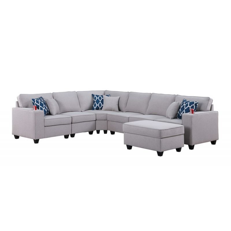 Lilola Home - Cooper Light Gray Linen 7Pc Reversible L-Shape Sectional Sofa with Ottoman and Cupholder - 89131-2B