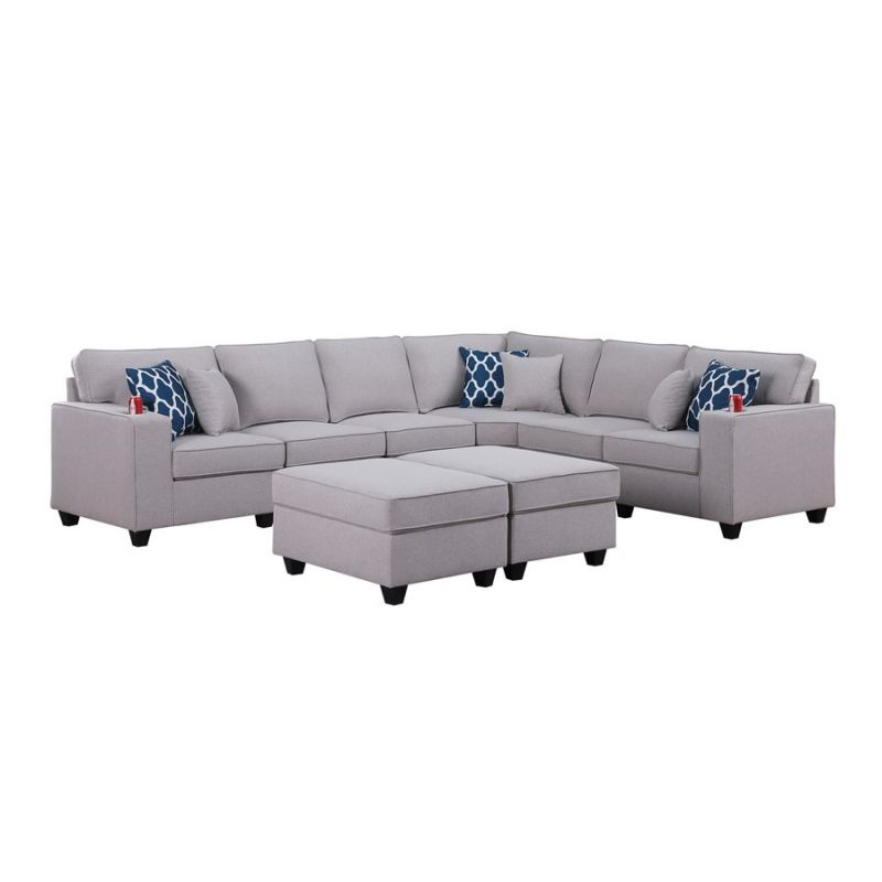 Lilola Home - Cooper Light Gray Linen 8Pc Reversible L-Shape Sectional Sofa with Ottomans and Cupholder - 89131-5A