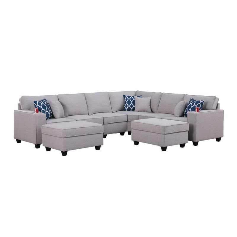 Lilola Home - Cooper Light Gray Linen 8Pc Reversible L-Shape Sectional Sofa with Ottomans and Cupholder - 89131-5B