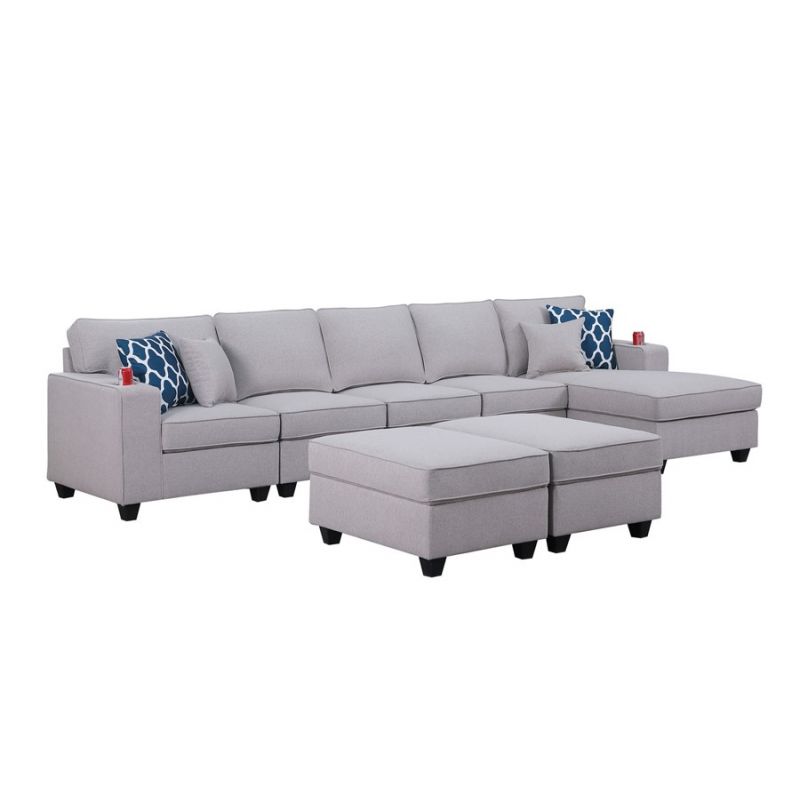 Lilola Home - Cooper Light Gray Linen Sectional Sofa Chaise with 2 Ottomans and Cupholder - 89131-8
