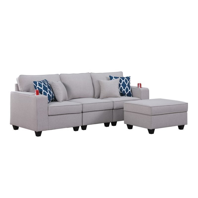 Lilola Home - Cooper Light Gray Linen Sofa with Ottoman and Cupholder - 89131-14B