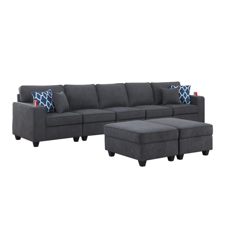 Lilola Home - Cooper Stone Gray Woven Fabric 5-Seater Sofa with 2 Ottomans and Cupholder - 89133-20A