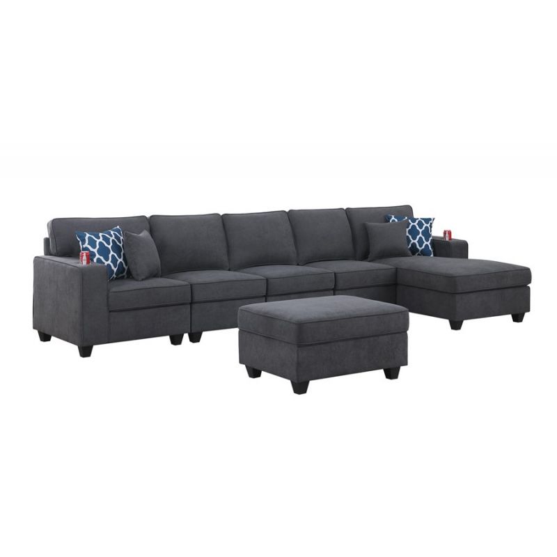 Lilola Home - Cooper Stone Gray Woven Fabric 6Pc Sectional Sofa Chaise with Ottoman and Cupholder - 89133-7A