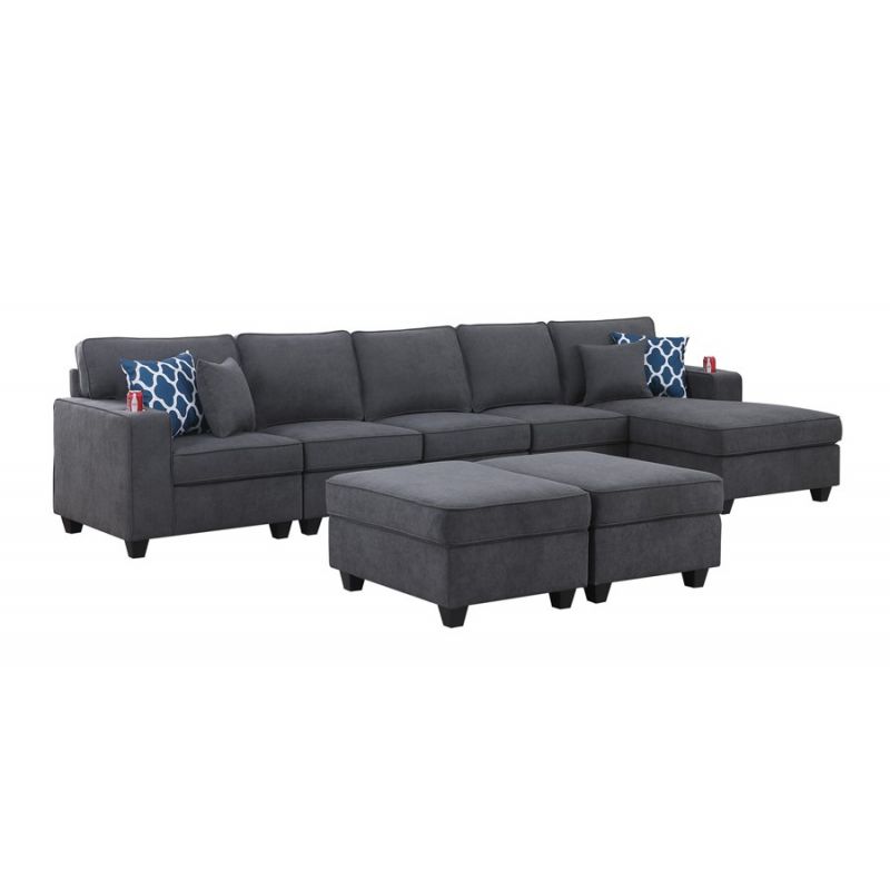 Lilola Home - Cooper Stone Gray Woven Fabric Sectional Sofa Chaise with 2 Ottomans and Cupholder - 89133-8