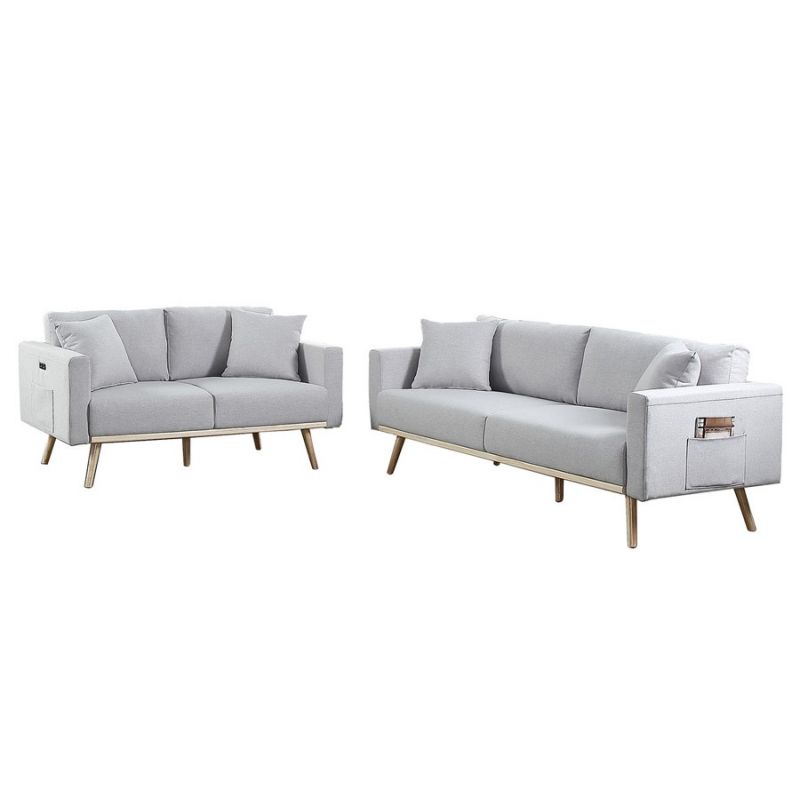 Lilola Home - Easton Light Gray Linen Fabric Sofa Loveseat Living Room Set with USB Charging Ports Pockets & Pillows - 81370LG-SL
