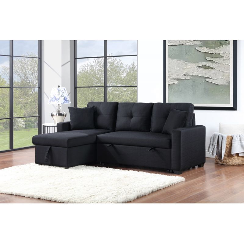 Lilola Home - Francine Black Linen Reversible Sleeper Sectional Sofa with Storage Chaise - 81412_LIL