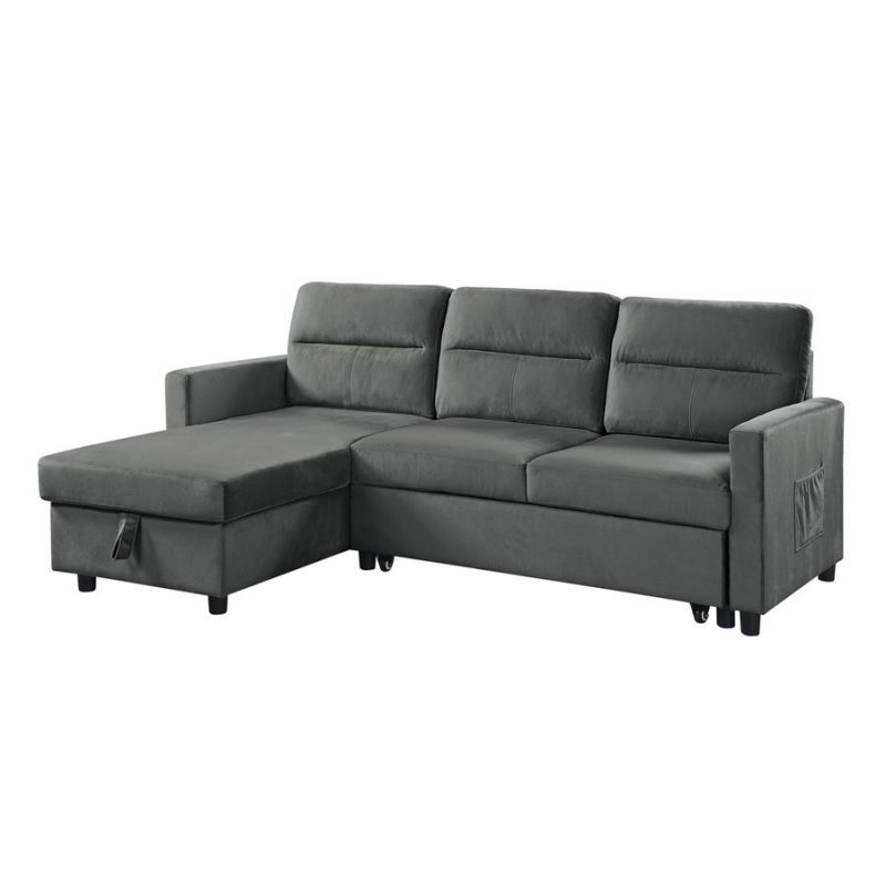 Lilola Home - Ivy Dark Gray Velvet Reversible Sleeper Sectional Sofa with Storage Chaise and Side Pocket - 89331DG