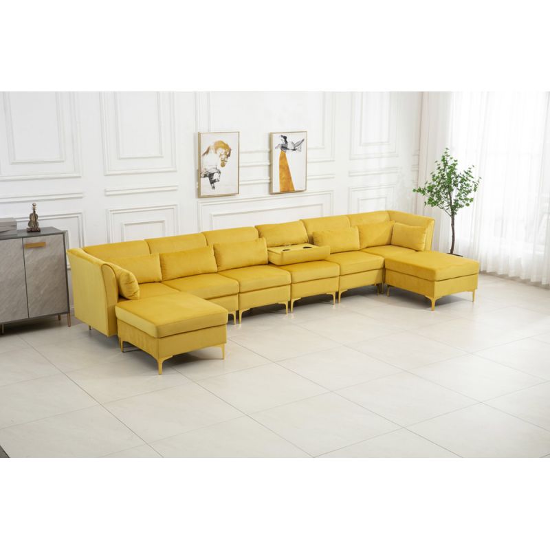 Lilola Home Jaka Yellow Woven Fabric 6-Seater Sofa with Dropdown Table and Ottoman - 81367YW