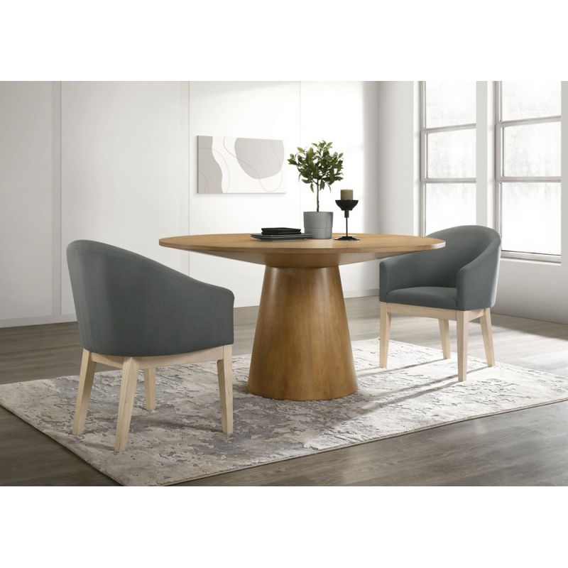 Lilola Home - Jasper Driftwood Finish 3 Piece Round Dining Table Set with Gray Barrel Chairs - 30018-2
