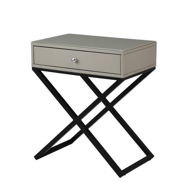 Lilola Home - Koda Taupe Wooden End Side Table Nightstand with Glass Top, Drawer and Metal Cross Base  - 98002TP