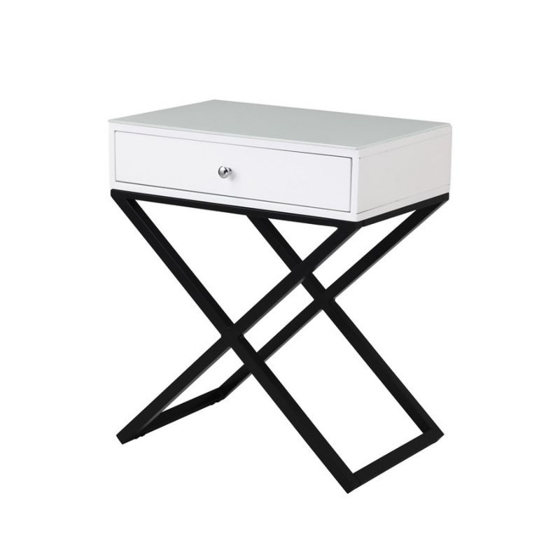 Lilola Home - Koda White Wooden End Side Table Nightstand with Glass Top, Drawer and Metal Cross Base - 98002WT