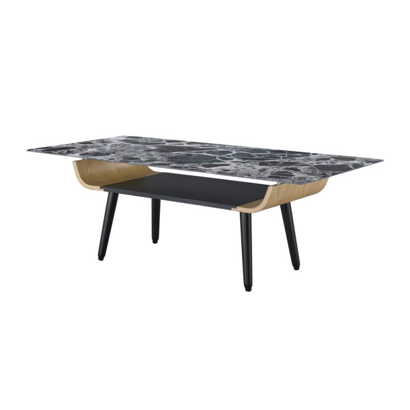 Lilola Home - Landon Coffee Table with Glass Black Marble Texture Top and Bent Wood Design - 98018