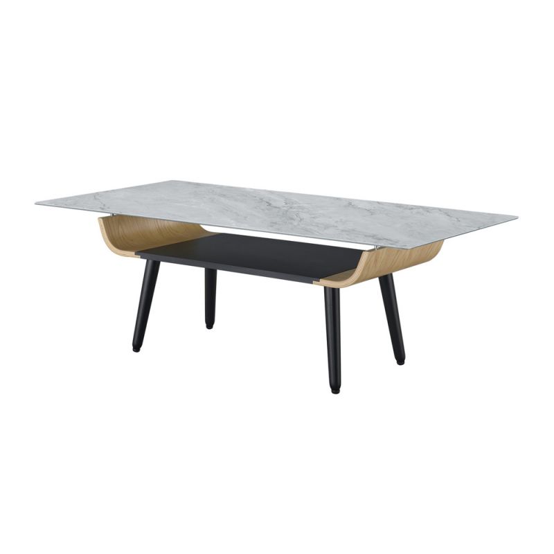 Lilola Home - Landon Coffee Table with Glass Gray Marble Texture Top and Bent Wood Design - 98019