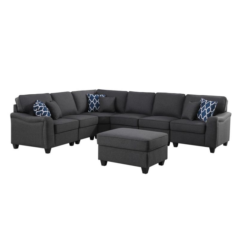 Lilola Home - Leo Dark Gray Linen 7Pc Modular L-Shape Sectional Sofa and Ottoman - 89123-13