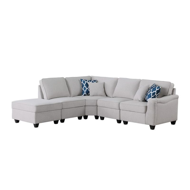 Lilola Home - Leo Light Gray Linen 5Pc Modular L-Shape Sectional Sofa and Ottoman - 89121-18