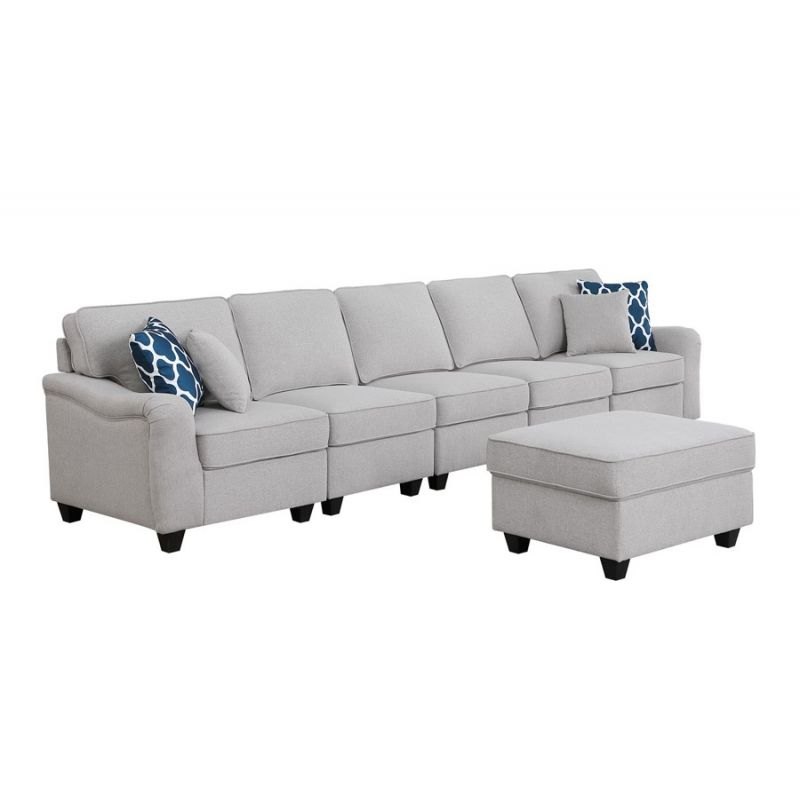 Lilola Home - Leo Light Gray Linen 6 Seater Sofa and Ottoman - 89121-10