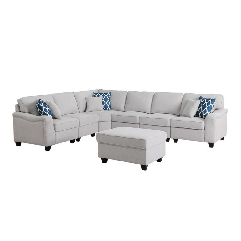 Lilola Home - Leo Light Gray Linen 7Pc Modular L-Shape Sectional Sofa and Ottoman - 89121-13