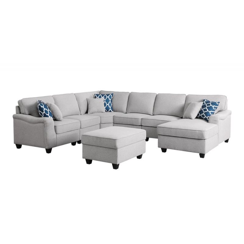 Lilola Home - Leo Light Gray Linen 7Pc Modular L-Shape Sectional Sofa Chaise and Ottoman - 89121-1