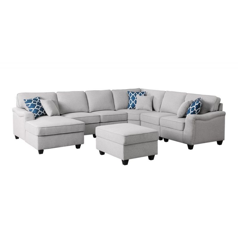 Lilola Home - Leo Light Gray Linen 7Pc Modular L-Shape Sectional Sofa Chaise and Ottoman - 89121-14