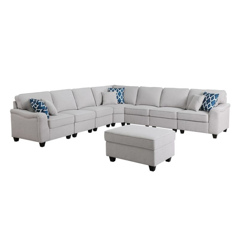 Lilola Home - Leo Light Gray Linen 8Pc Modular L-Shape Sectional Sofa and Ottoman - 89121-12