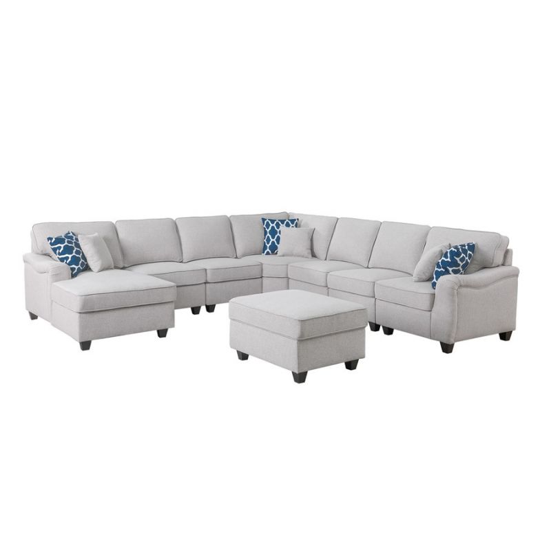 Lilola Home - Leo Light Gray Linen 8Pc Modular L-Shape Sectional Sofa Chaise and Ottoman - 89121-16