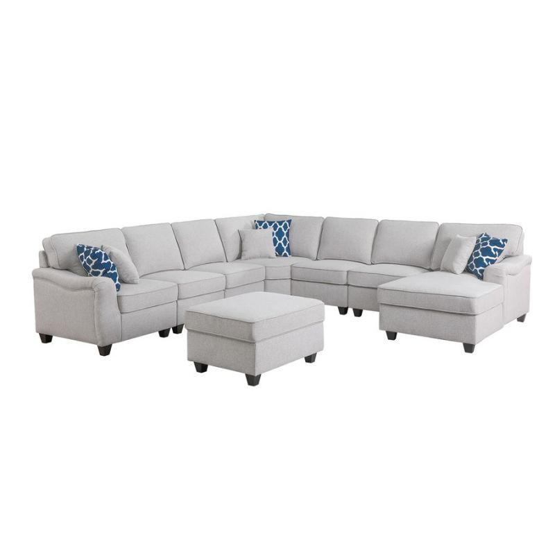 Lilola Home - Leo Light Gray Linen 8Pc Modular L-Shape Sectional Sofa Chaise and Ottoman - 89121-6