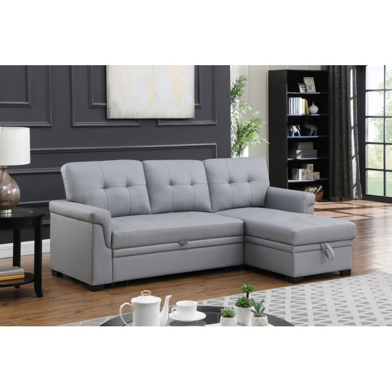 Lilola Home Lexi Gray Synthetic Leather Modern Reversible Sleeper Sectional Sofa with Storage Chaise  - 81346