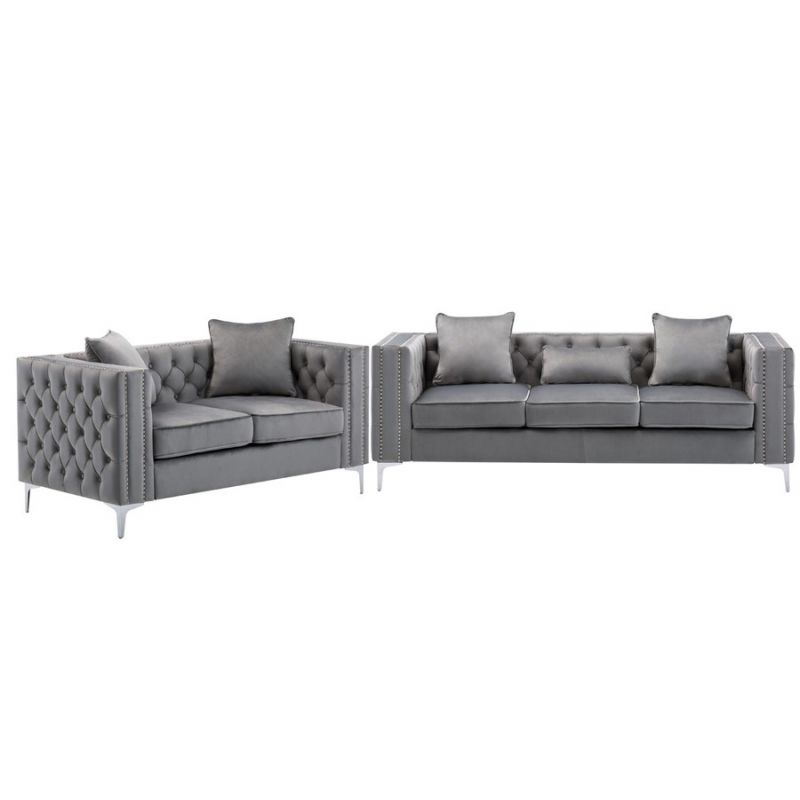 Lilola Home - Lorreto Gray Velvet Fabric Sofa Loveseat Living Room Set - 89715-SL