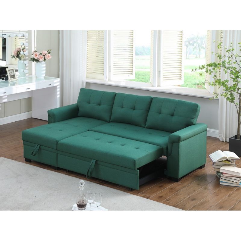 Lilola Home - Lucca Green Linen Reversible Sleeper Sectional Sofa with Storage Chaise - 81340GN