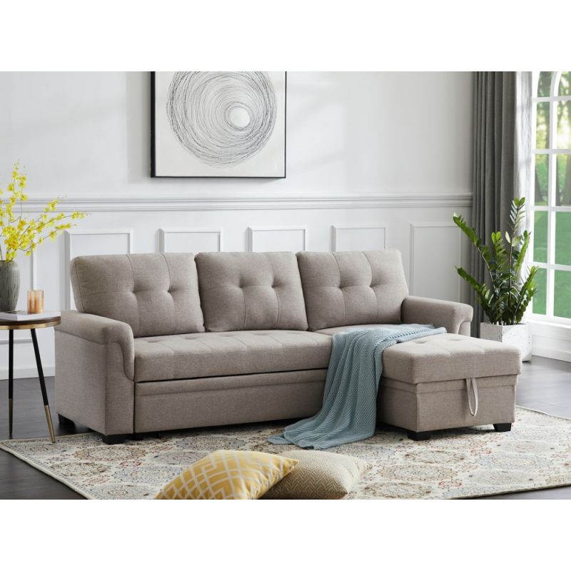 Lilola Home - Lucca Light Gray Linen Reversible Sleeper Sectional Sofa with Storage Chaise - 81340