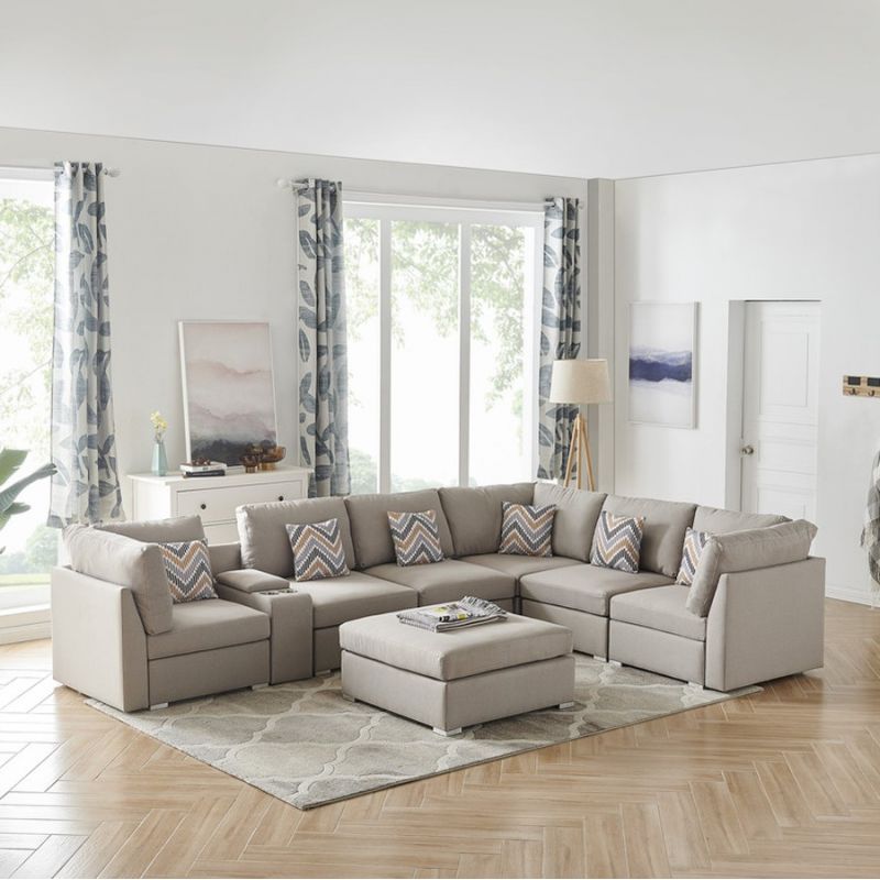Lilola Home - Lucy Beige Fabric Reversible Modular Sectional Sofa with USB Console and Ottoman - 889820-6B
