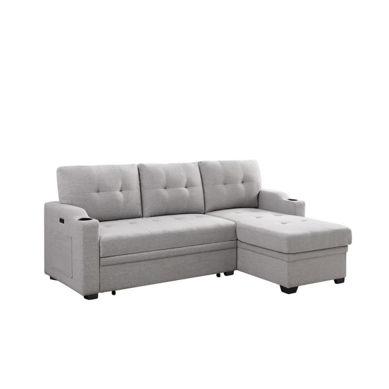 Lilola Home - Mabel Light Gray Linen Fabric Sleeper Sectional with cupholder, USB charging port and pocket - 81512