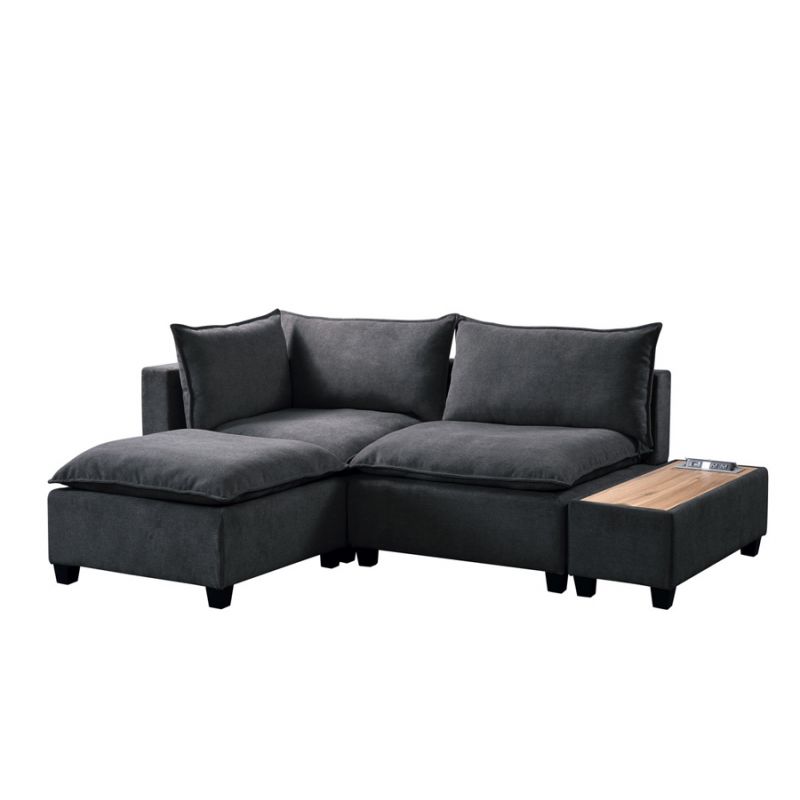 Lilola Home - Madison Dark Gray Fabric Sectional Loveseat Ottoman with USB Storage Console Table - 81401-2