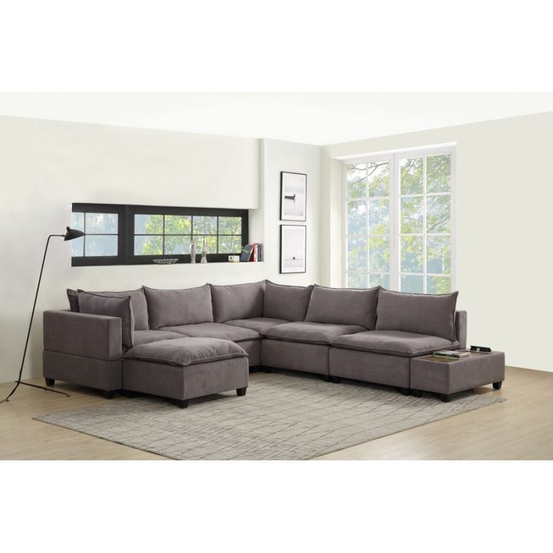 Lilola Home - Madison Light Gray Fabric 7 Piece Modular Sectional Sofa Chaise with USB Storage Console Table - 81400-11D