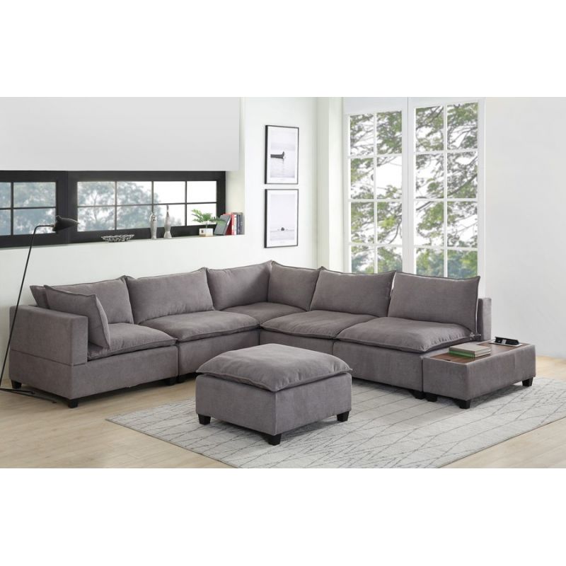 Lilola Home - Madison Light Gray Fabric 7Pc Modular Sectional Sofa with Ottoman and USB Storage Console Table - 81400-11