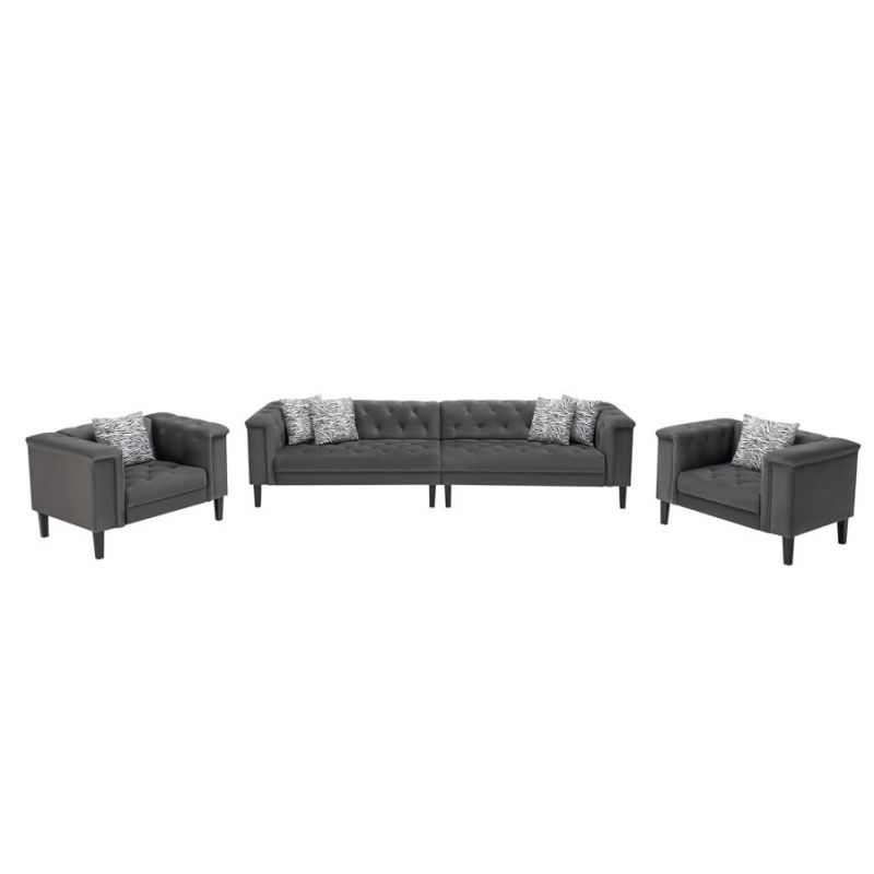 Lilola Home - Mary Dark Gray Velvet Tufted Sofa 2 Chairs Living Room Set With 6 Accent Pillows - 89223-SCC