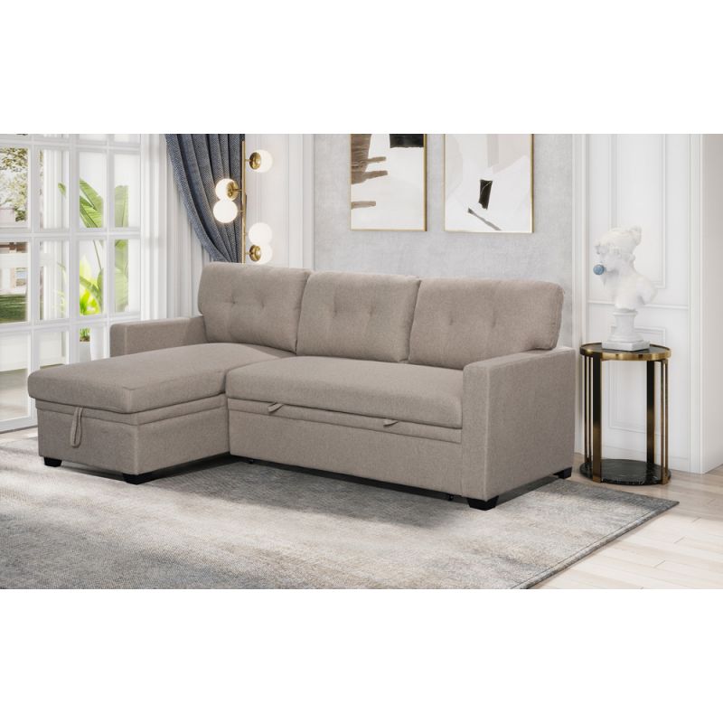 Lilola Home - Miller Beige Linen Reversible Sleeper Sectional Sofa with Storage Chaise - T3091
