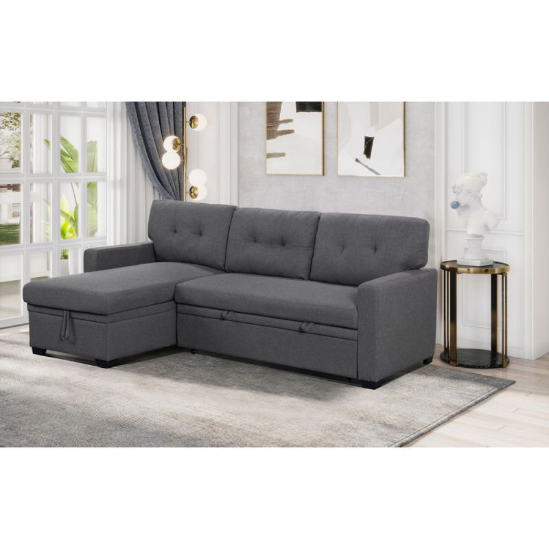 Lilola Home - Miller Gray Linen Reversible Sleeper Sectional Sofa with Storage Chaise - T3092
