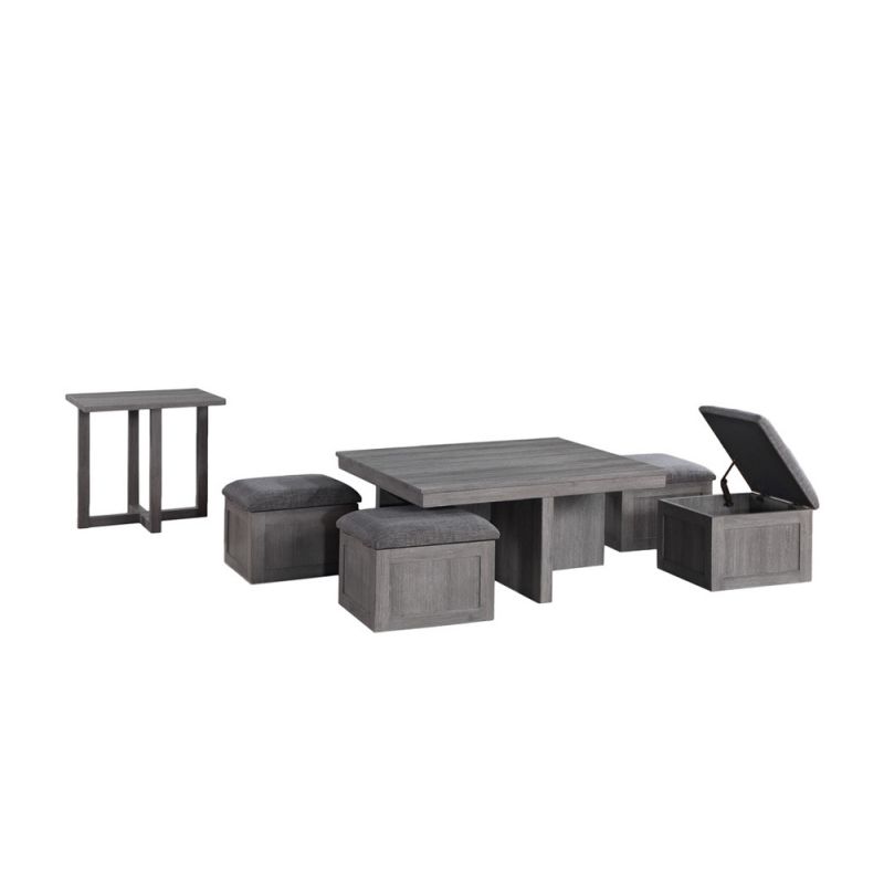 Lilola Home - Moseberg Distressed Gray Coffee Table with Storage Stools and End Table Set - 98011-SET